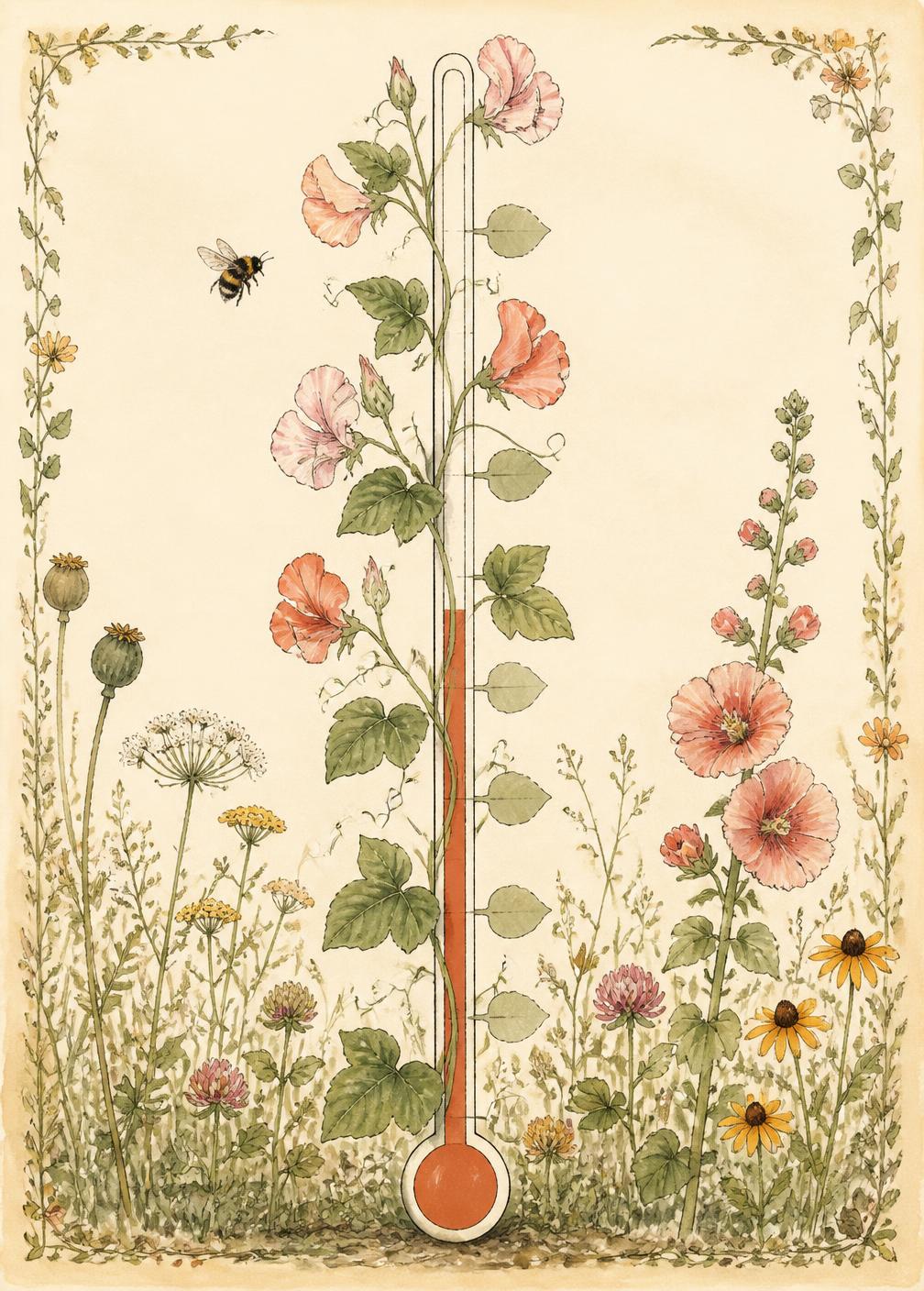 A botanical illustration of a fundraising progress motif in sage and terracotta