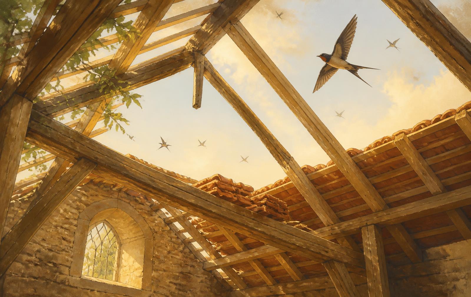 An illustration of village hall roof rafters being restored, with swallows overhead