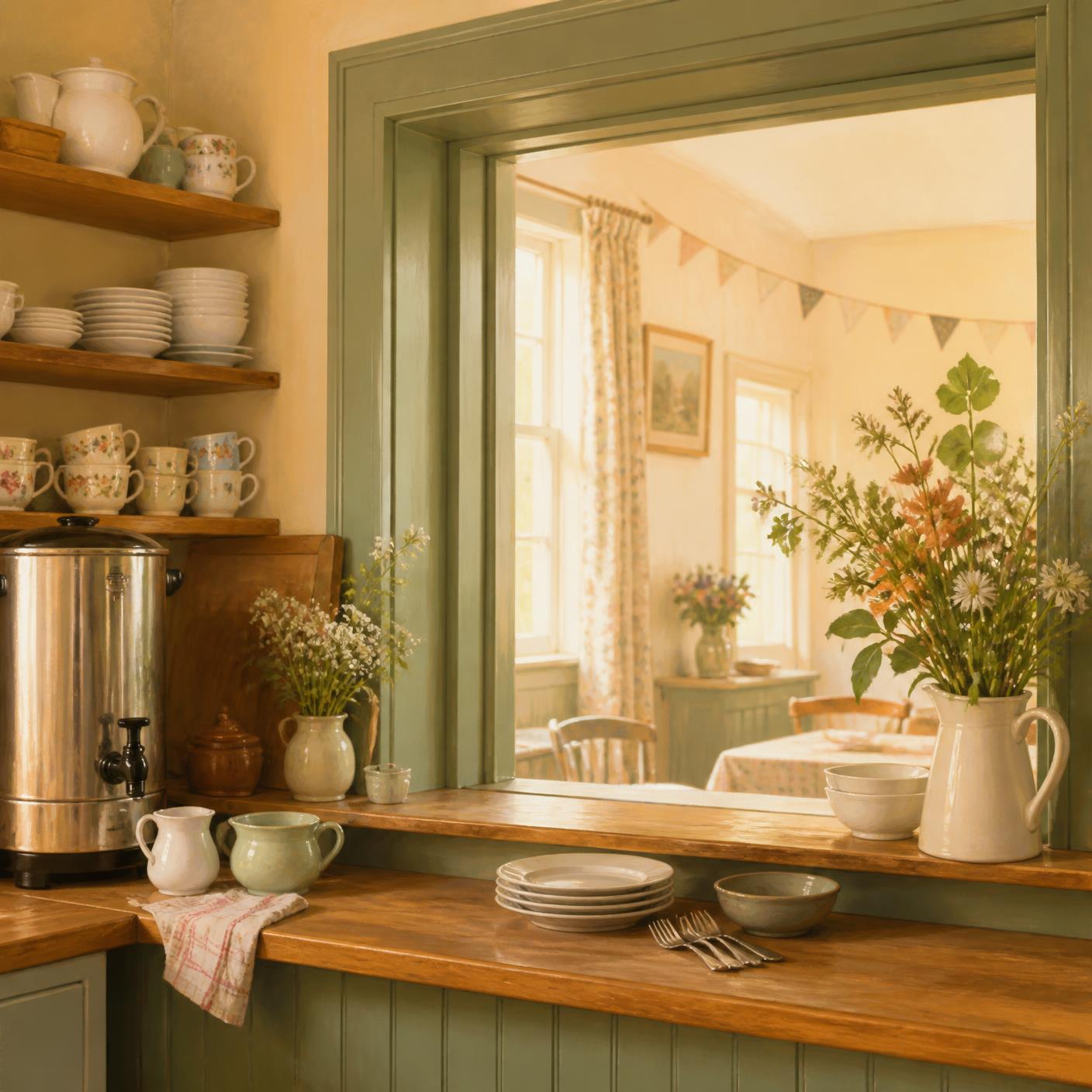 An illustration of the hall's community kitchen with crockery and a tea urn