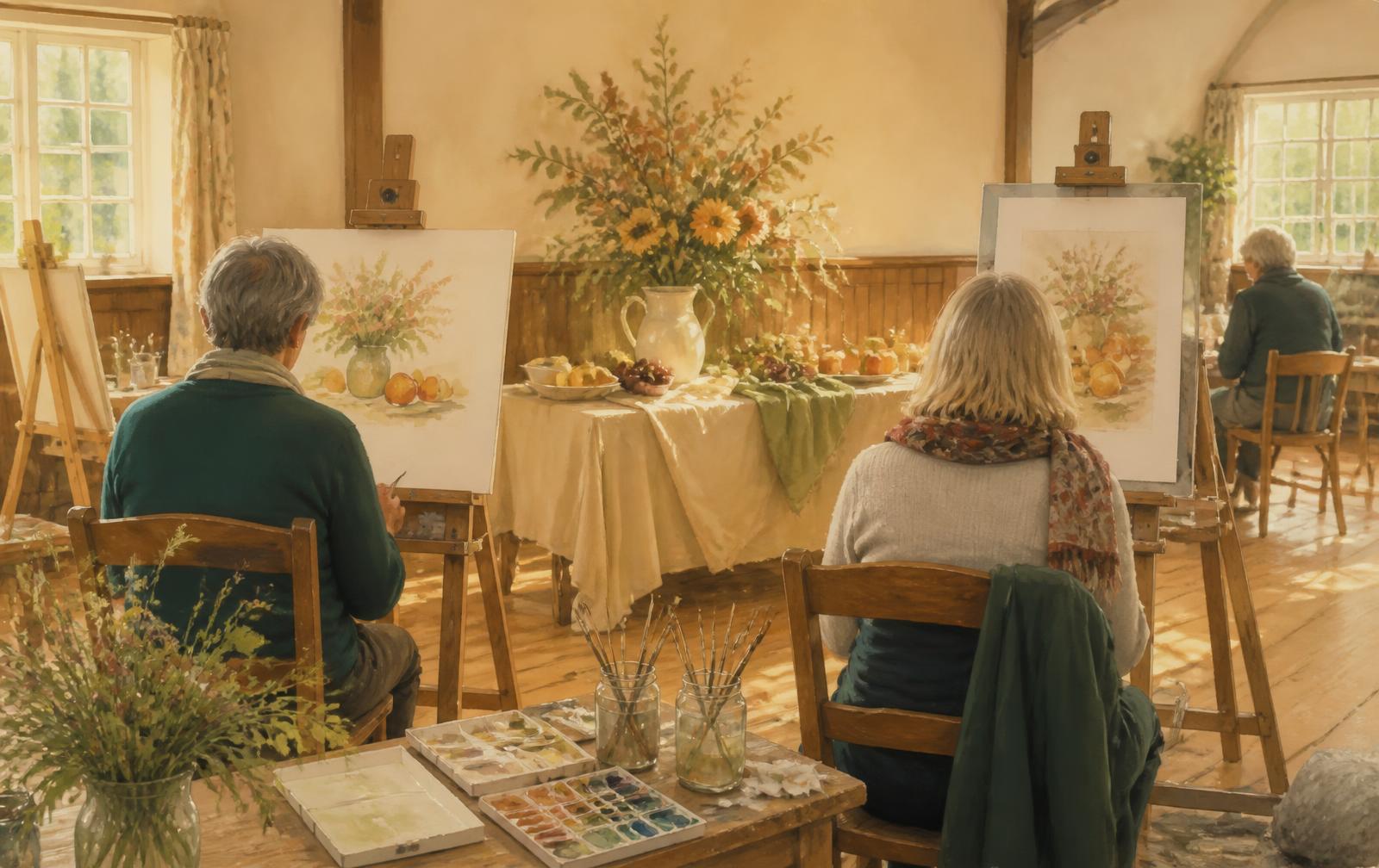 An illustration of an art class at easels in the hall
