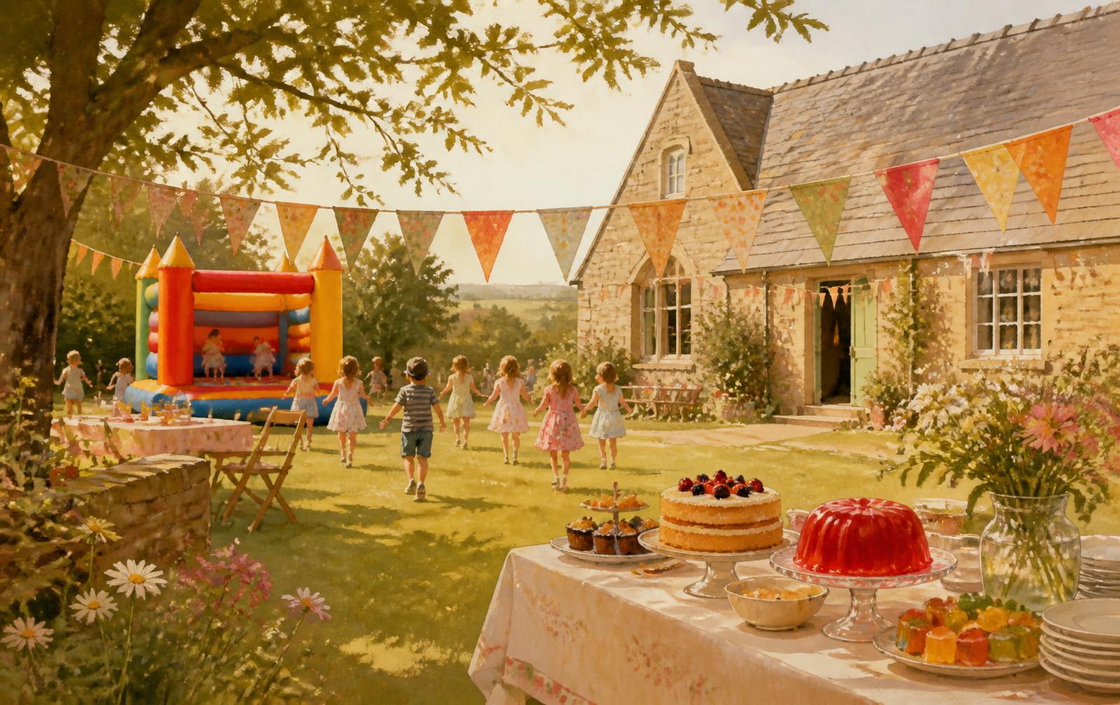 An illustration of a children's birthday party on the lawn