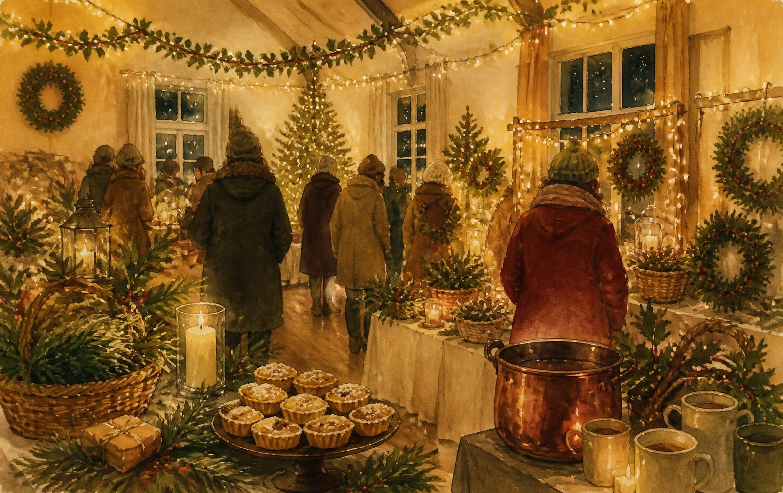 An illustration of a Christmas fair in the hall with warm lights and wreaths