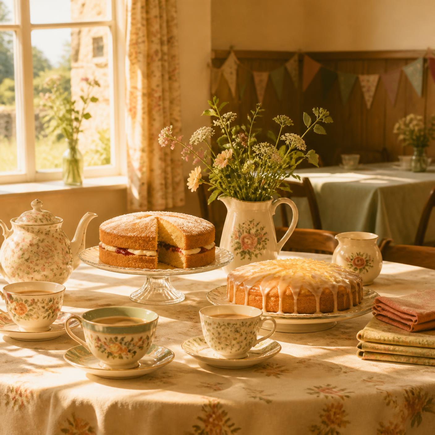 An illustration of teacups and cakes at a coffee morning