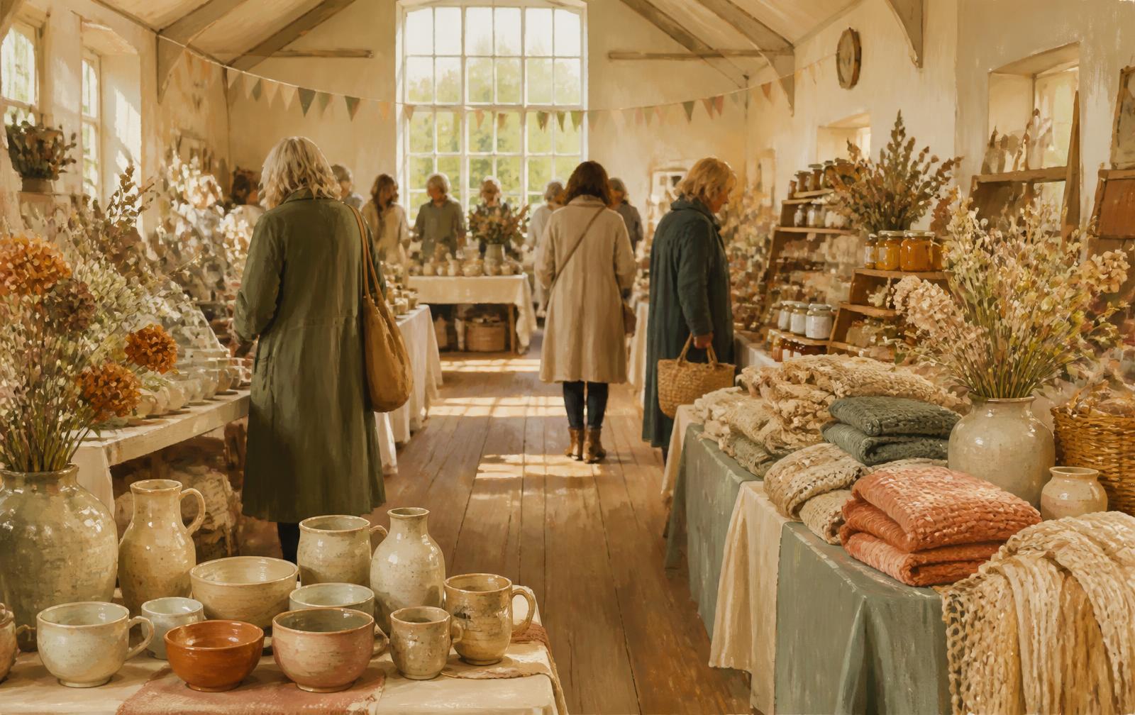 An illustration of a craft and makers' market in the hall