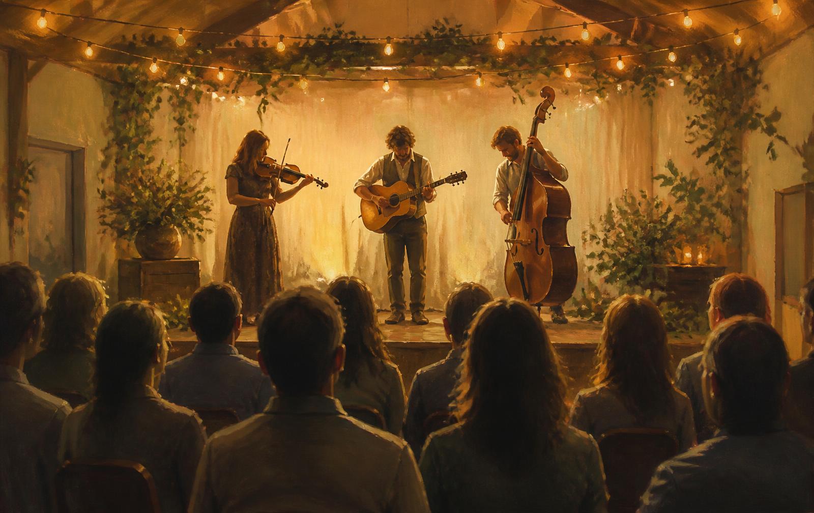 An illustration of an evening event in the hall under festoon lights