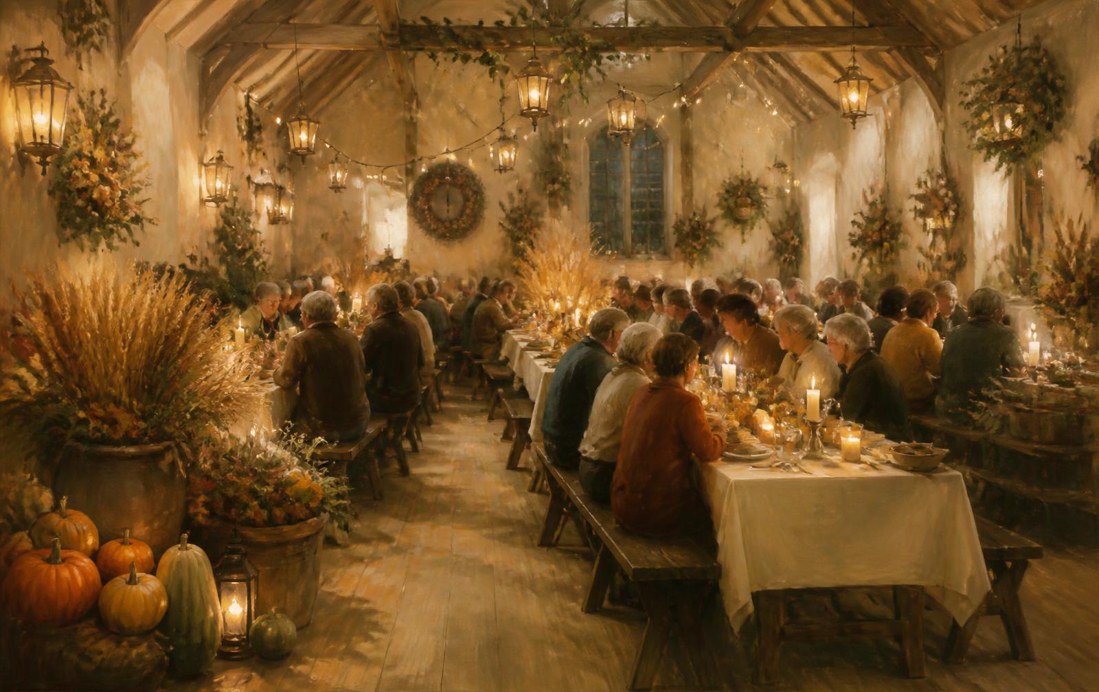 An illustration of a harvest supper at long candlelit tables
