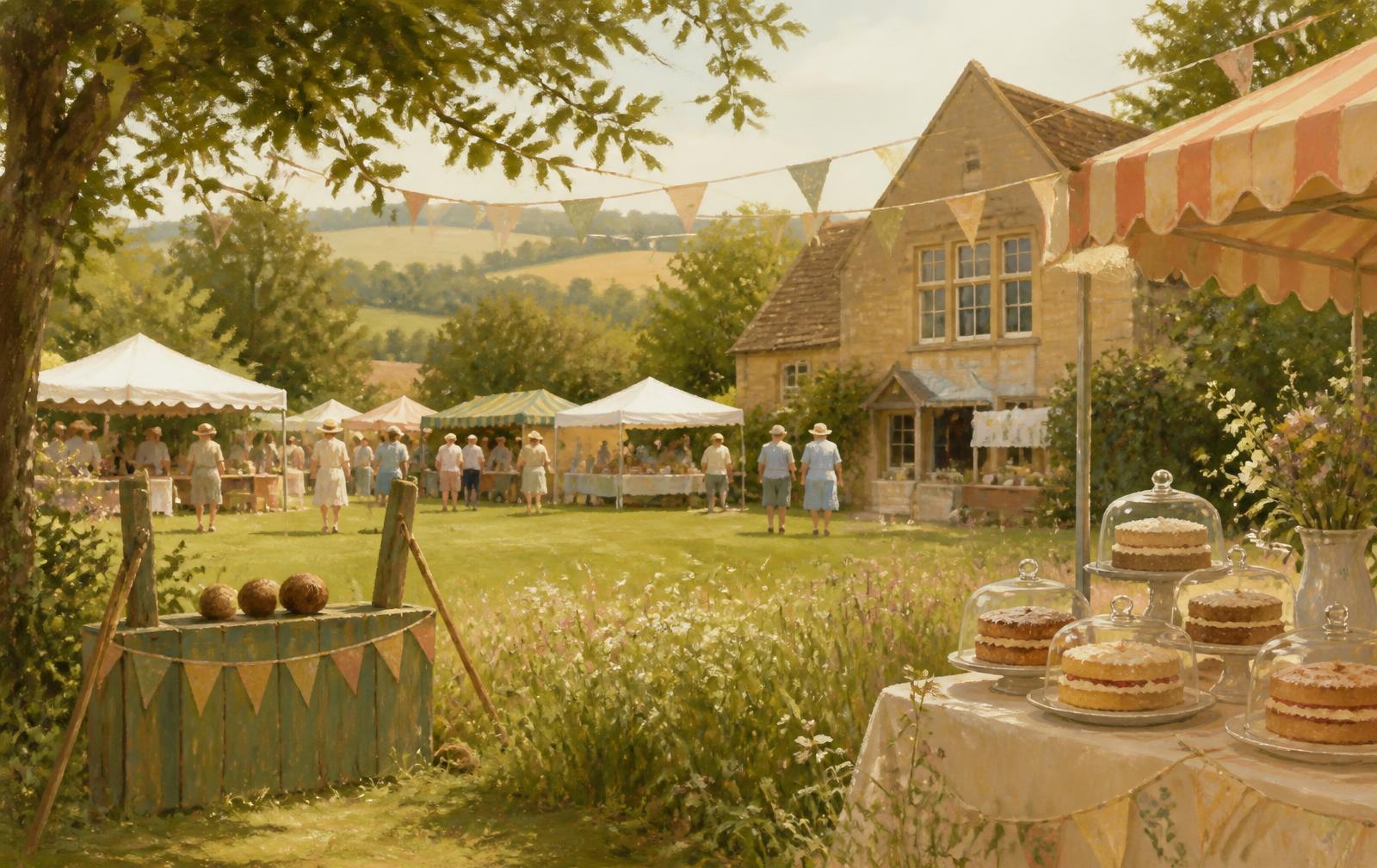An illustration of a summer village fete with gazebos and a cake stall