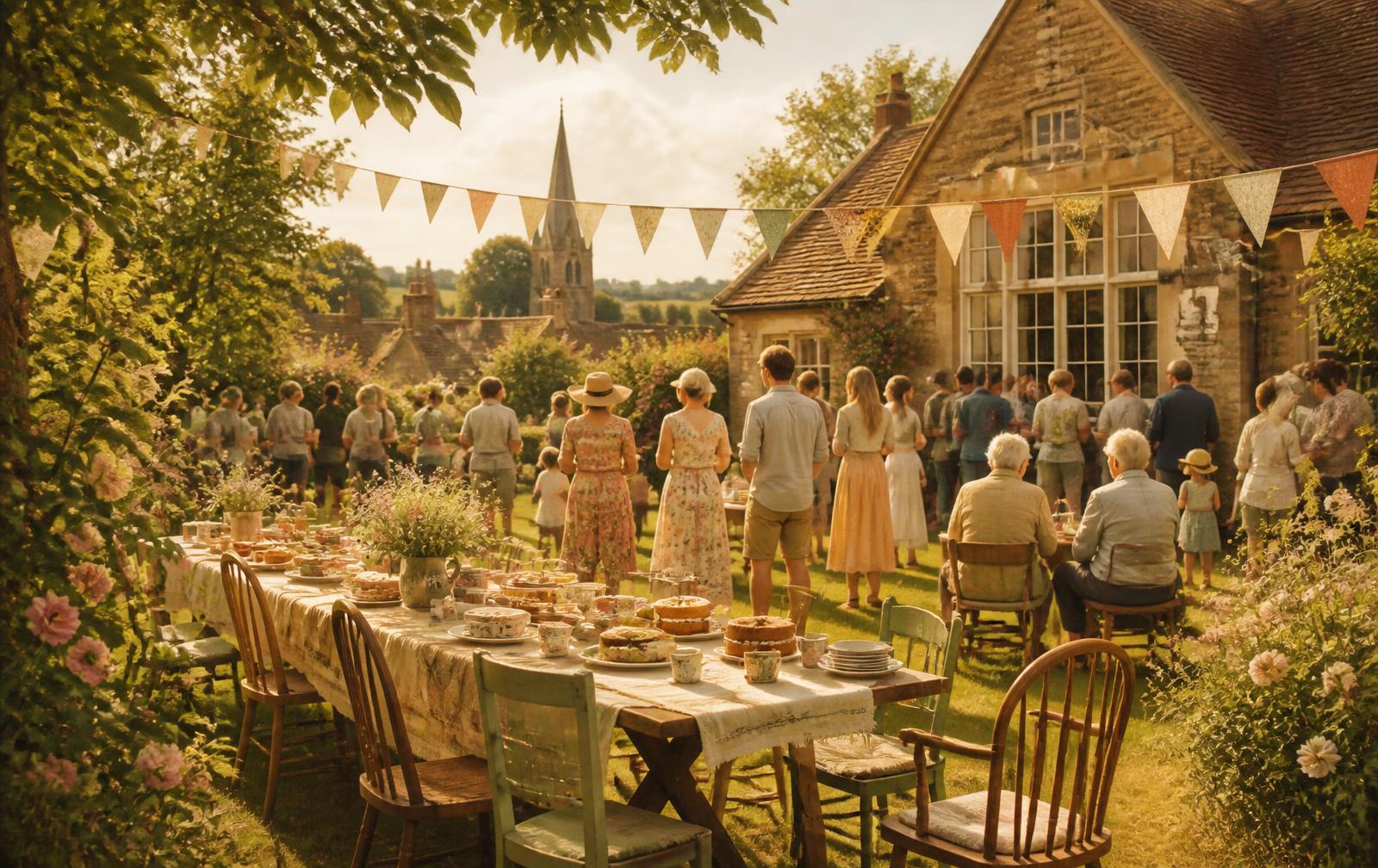 An illustration of villagers gathering for tea and cake beside the hall