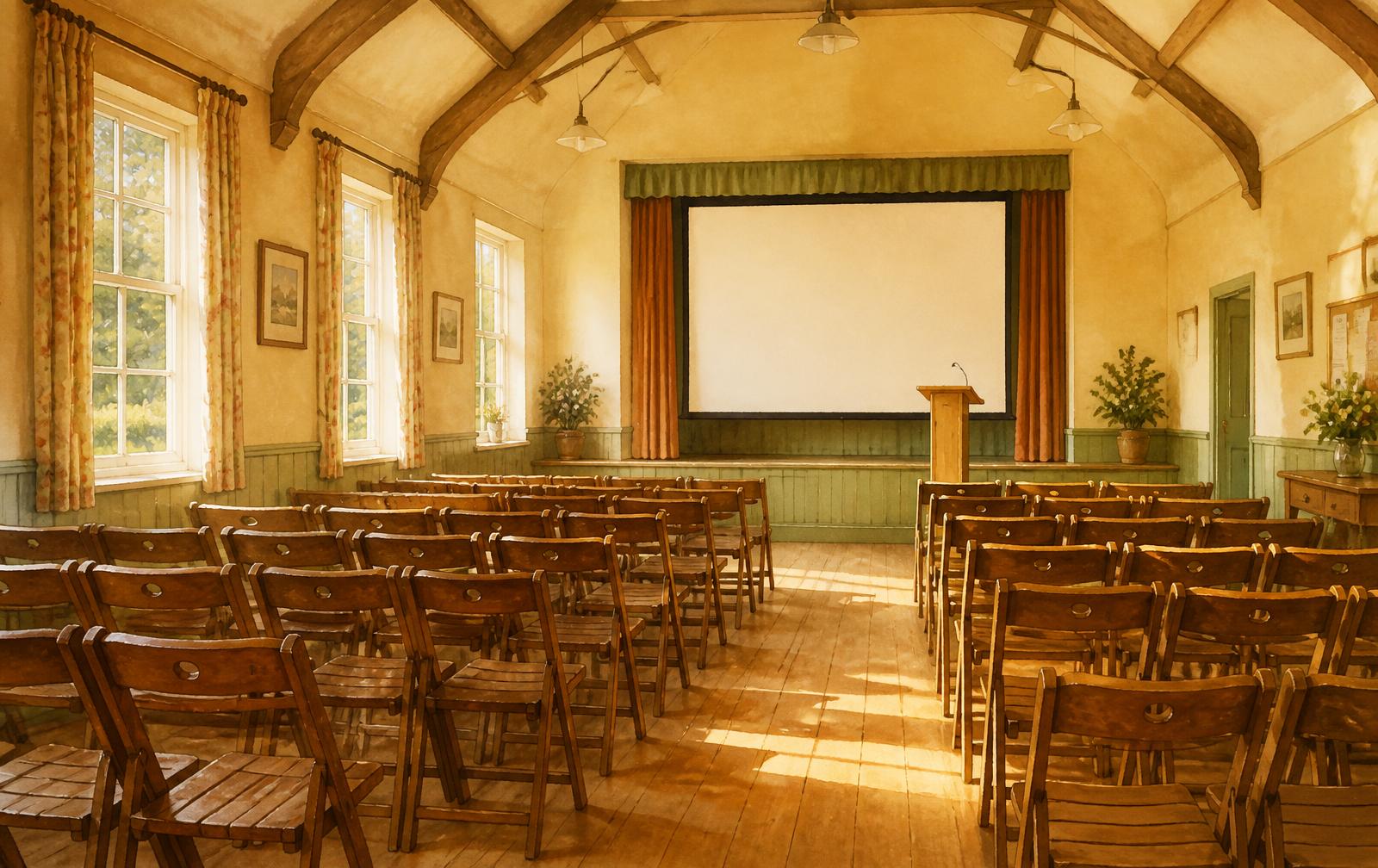 An illustration of the hall set out theatre-style for a talk