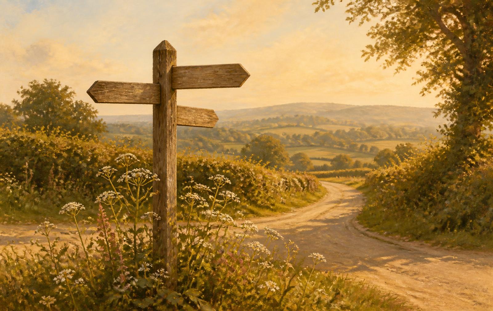 An illustration of a country lane signpost in the Sussex Weald