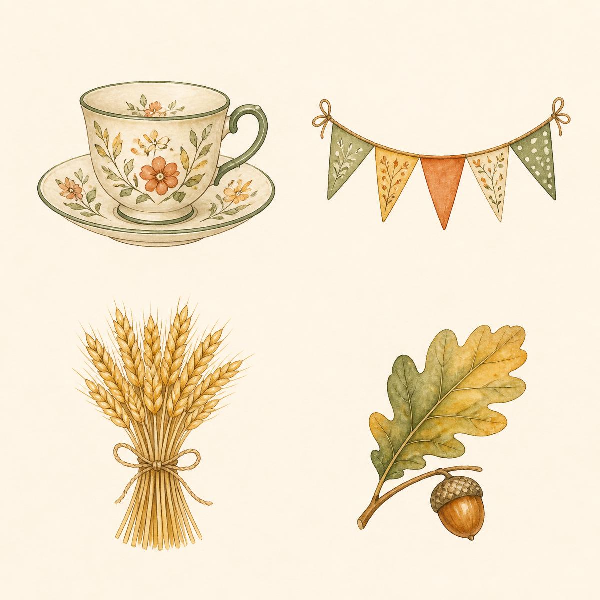 Spot illustrations of a teacup, bunting, wheat sheaf and oak leaf