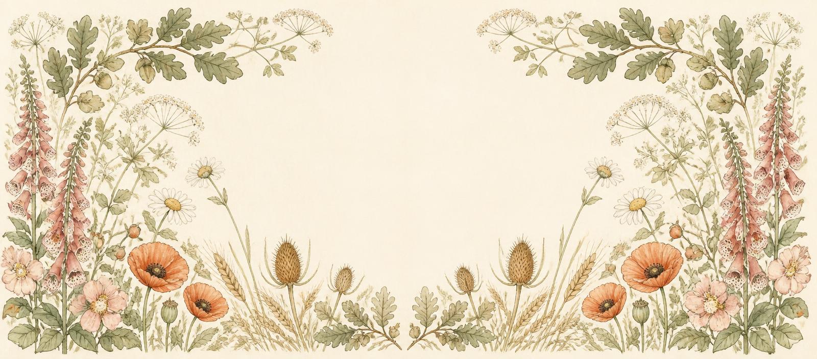 A watercolour border of Sussex wildflowers in sage and terracotta